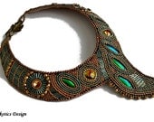 Bead Embroidery Necklace Collar  Gold  Patina  Green Bronze  Handmade Bead Embroidered OOAK