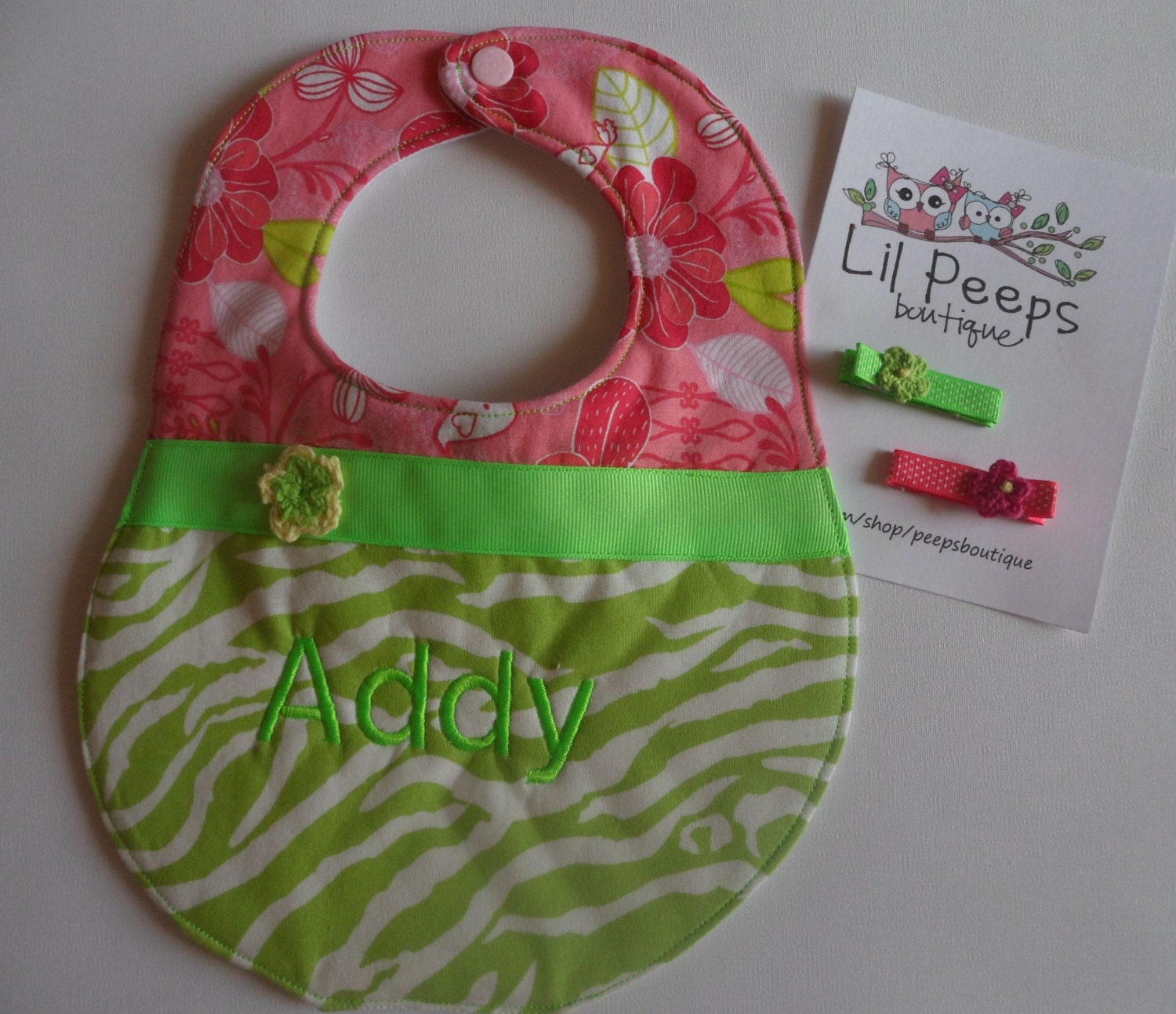 Custom Monogrammed - Boutique Bib with Matching Crochet Flower Hair Clips -Bright Colors & Animal Print  - Neon Green and Pink