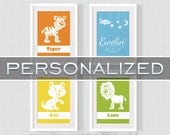 Nursery art set of 4, personalized kids room decor, child name print, safari nursery print, birthday of child, animal nursery, 13x18cm, 5x7