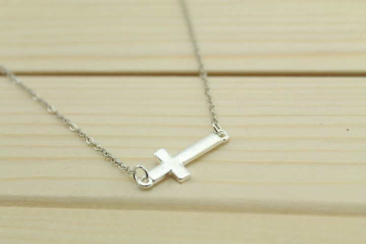 Sideways Cross Necklace - Side cross Necklace in silver