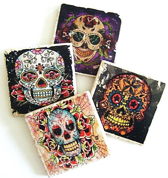 Sugar Skull Tattoo Flash Coaster Set of Four