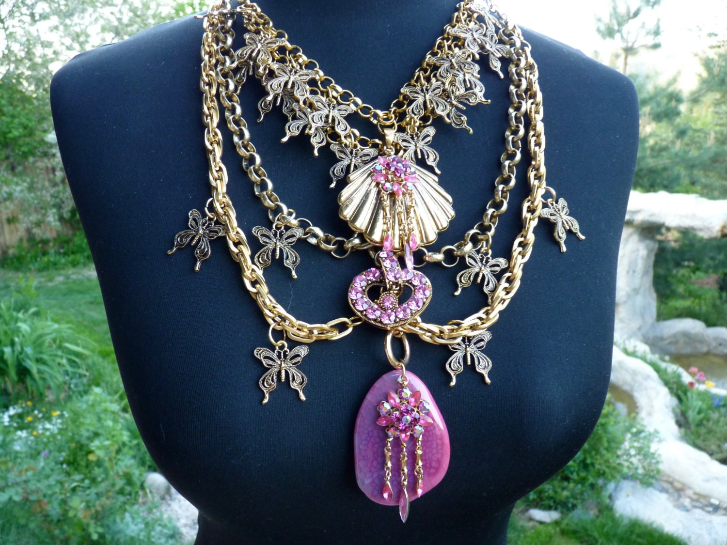 Sea Of Gold ,Romantic Fashionable Choker ,Steampunk ,Bib Neckpiece ,Art Women Accessory ,Mixed Chain Statement Necklace , ooak
