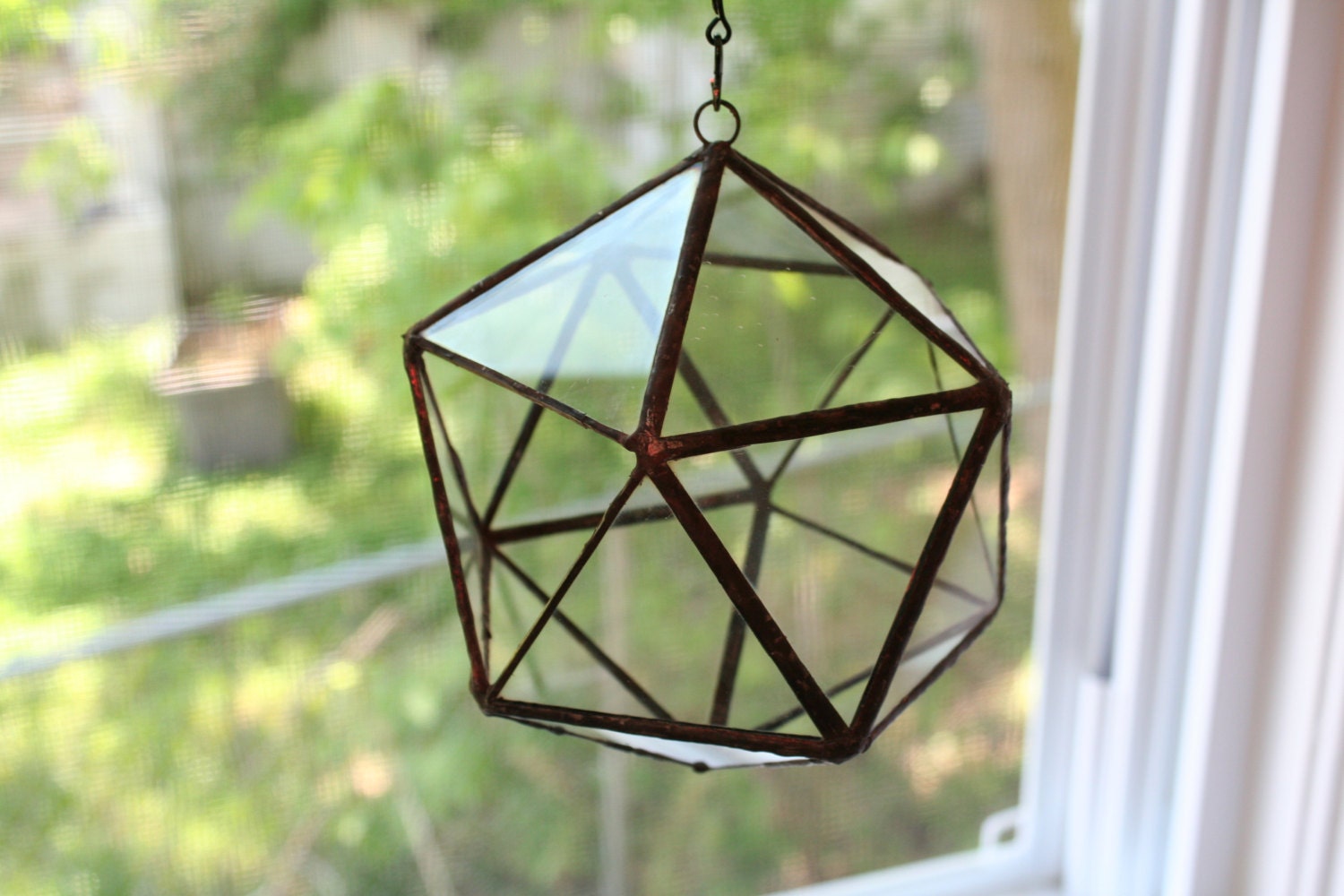 Terrarium, Small stained glass hanging terrarium, geometric shape icosahedron