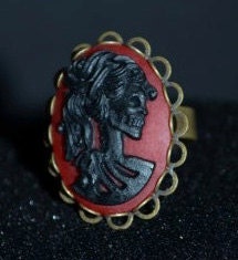 Unique Red & Black Skeleton/Skull Cabochon/Cameo adjustable ring (steampunk, gothic, alternative, indie, vintage, retro)
