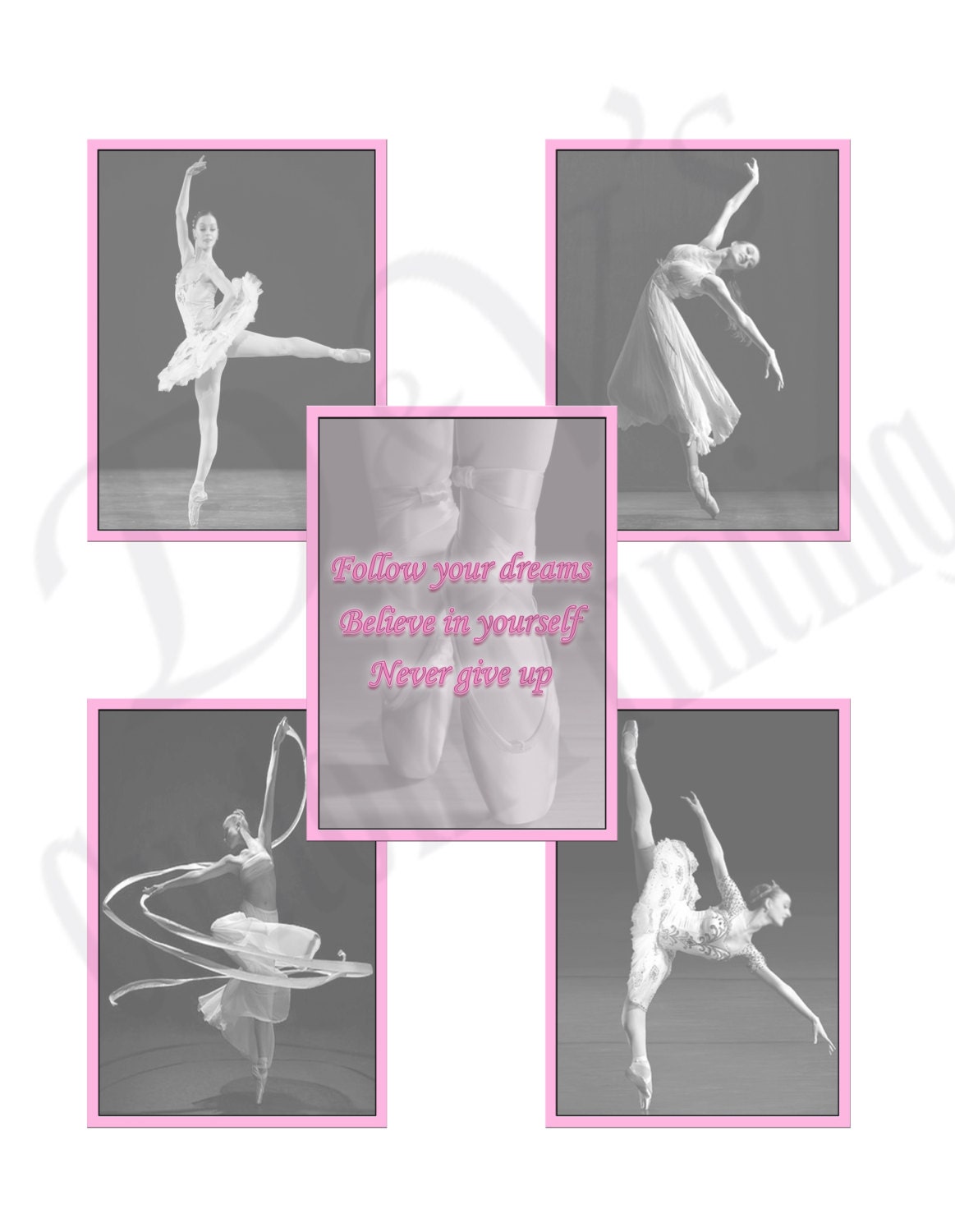 5- Ballerina 5 x 7 Prints "Quote" Art Room Wall Decor - "Follow Your Dream, Believe in Yourself" Ballet