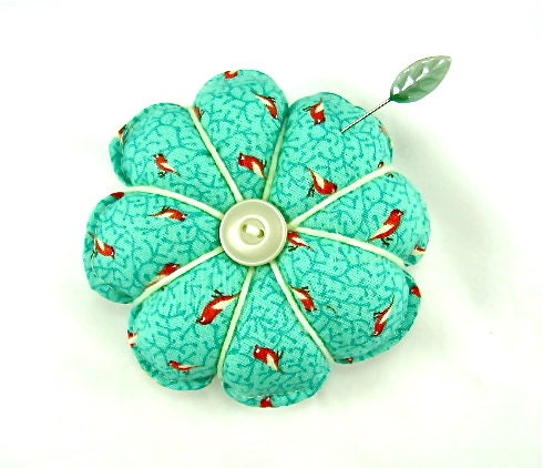 Pincushion: Flower Pincushion, Handmade,Needlecraft, Reversible, Birds, Aqua,Gift Guide