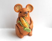 Thanksgiving Harvest Mouse Holding Corn Original clay folk art sculpture