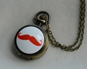 Gold Brass Pocket Watch, Mustache Pocket Watch, Moustache Pocket Watch, Brass Watch Necklace, Gold Pocket Watch, PC-17 Red