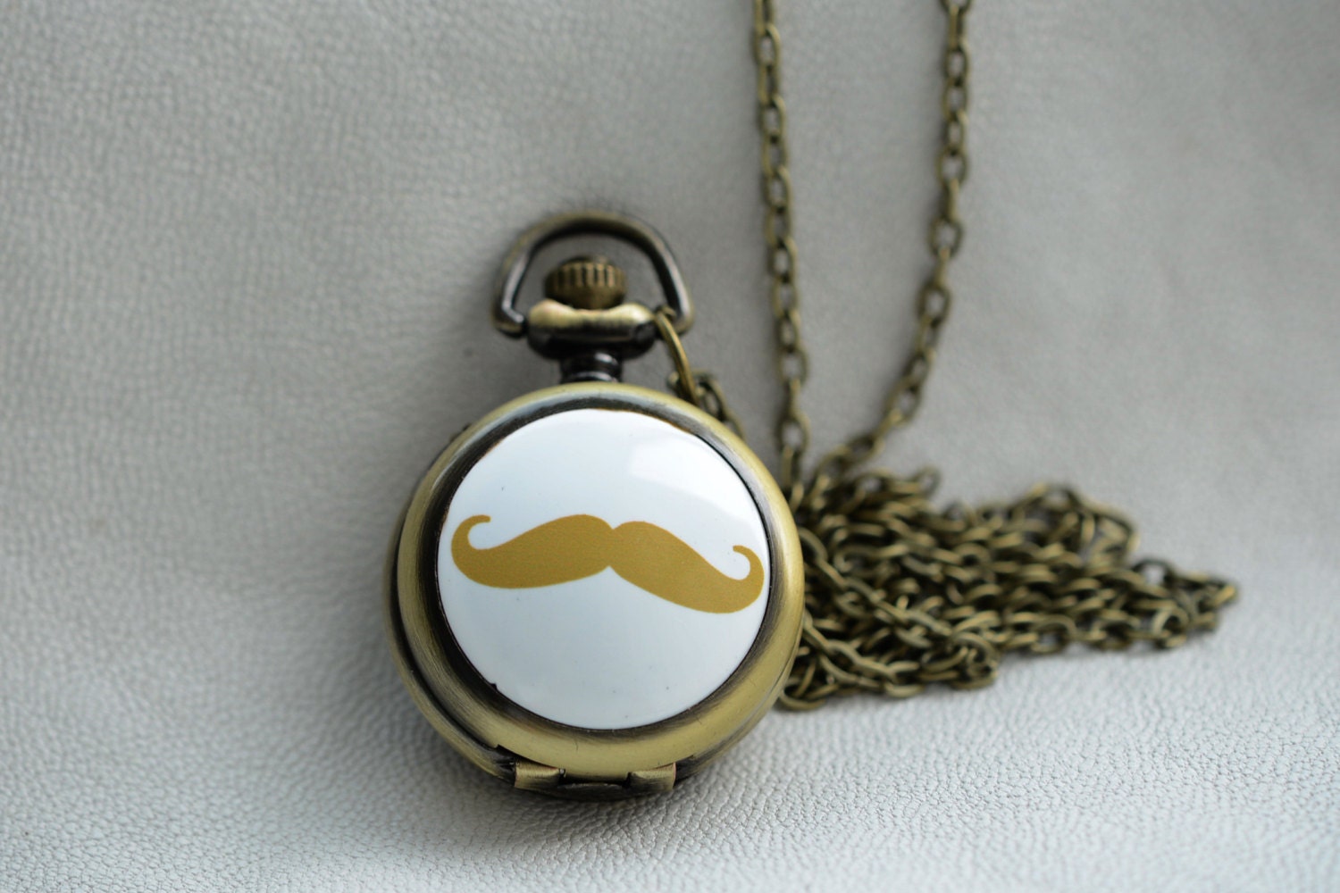 Gold Brass Pocket Watch, Mustache Pocket Watch, Moustache Pocket Watch, Brass Watch Necklace Gold Pocket Watch, PC-17 Gold