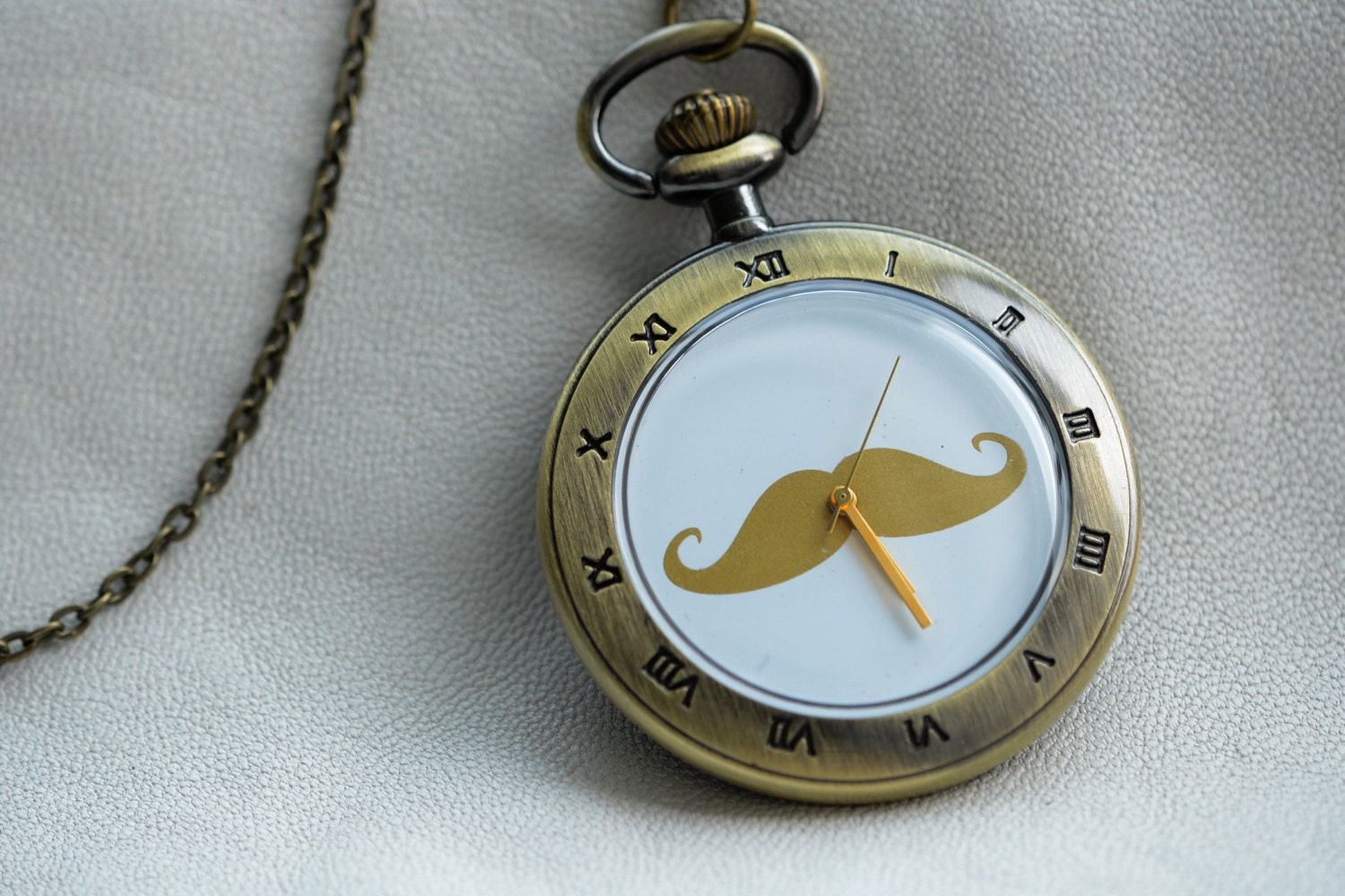 Antique Brass Pocket Watch, Mustache Pocket Watch, Moustache Pocket Watch, Antique Brass Watch Necklace, PC-18 Gold