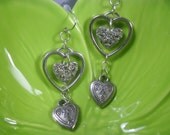 Triple Heart Dangle Earrings, 2 1/2" Long, 2 Hearts Together, Silver Metal with Filagree