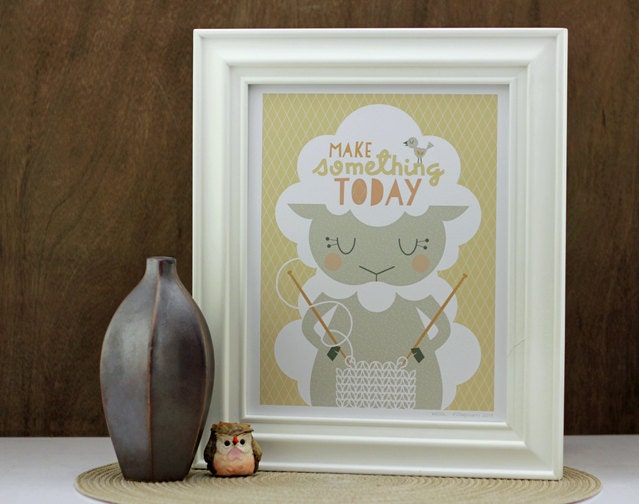 Wool Art Print - Baby Lamb Knitting Make Something Today, Typography Print, Digital Print, Nursery Art