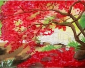 Original Japanese Maple Garden Mixed Media Painting by Sunshadeau Arts- 8"x11" on watercolor paper