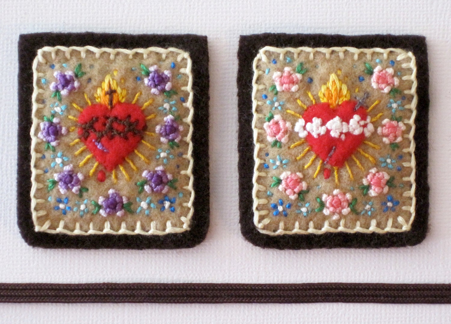 Embroidered Brown Scapular: Roses and Forget-Me-Nots on Fawn-Colored Felt and Wool