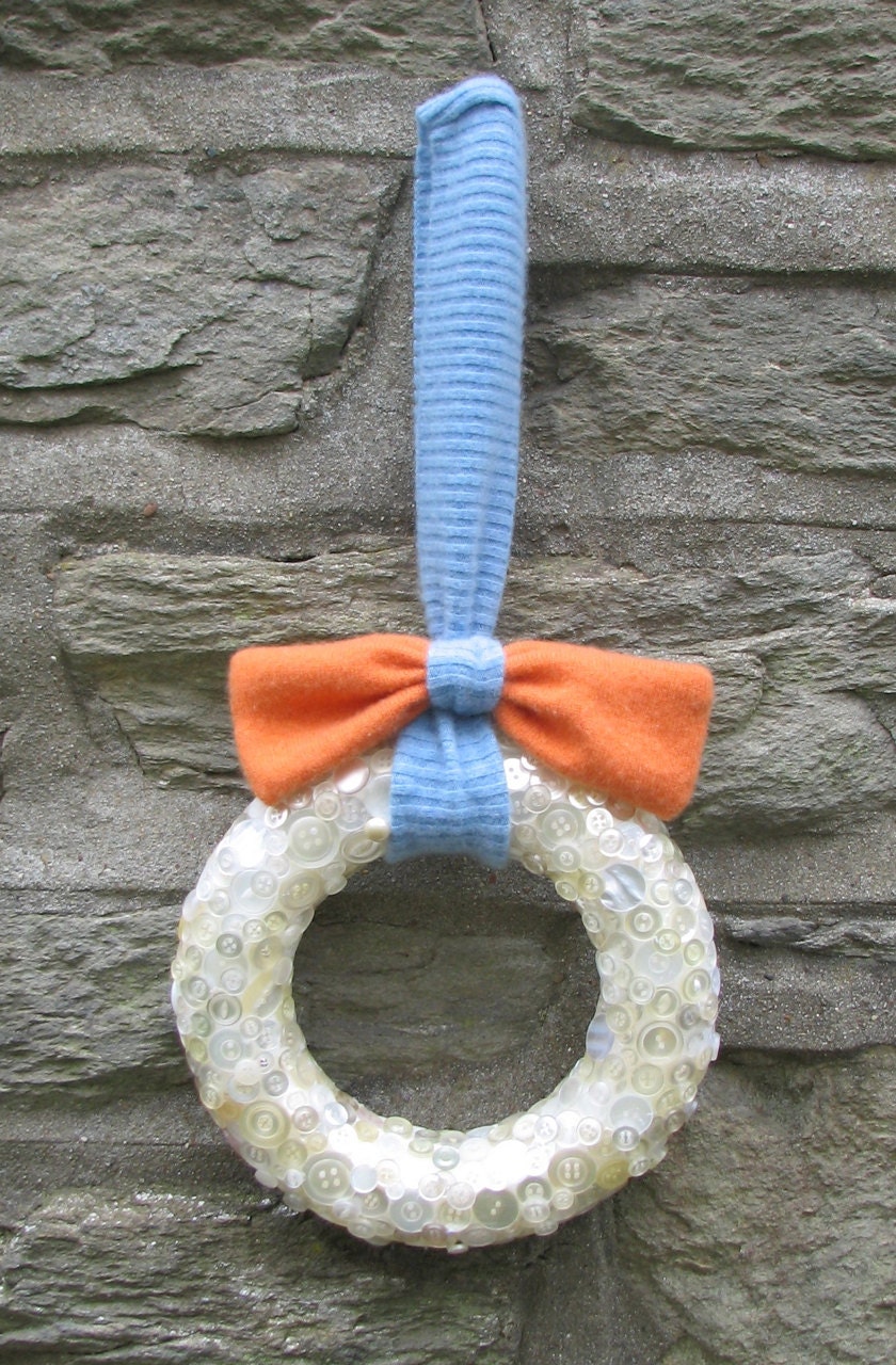Textured Ivory/Pearl Recycled Button Wreath with Light Blue and Orange Felted Sweater Bow 8"