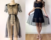 1930s Black Sheer Dress / XS Silk