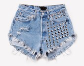 High Waisted Frayed Studded Denim Shorts