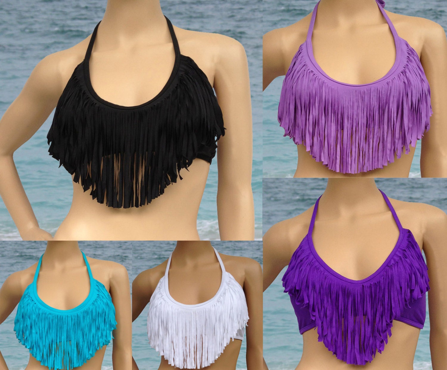 5 colors only top V neck Tassel Padded Bandeau Fringe Bikini Beach Women Swimsuit Swimwear set