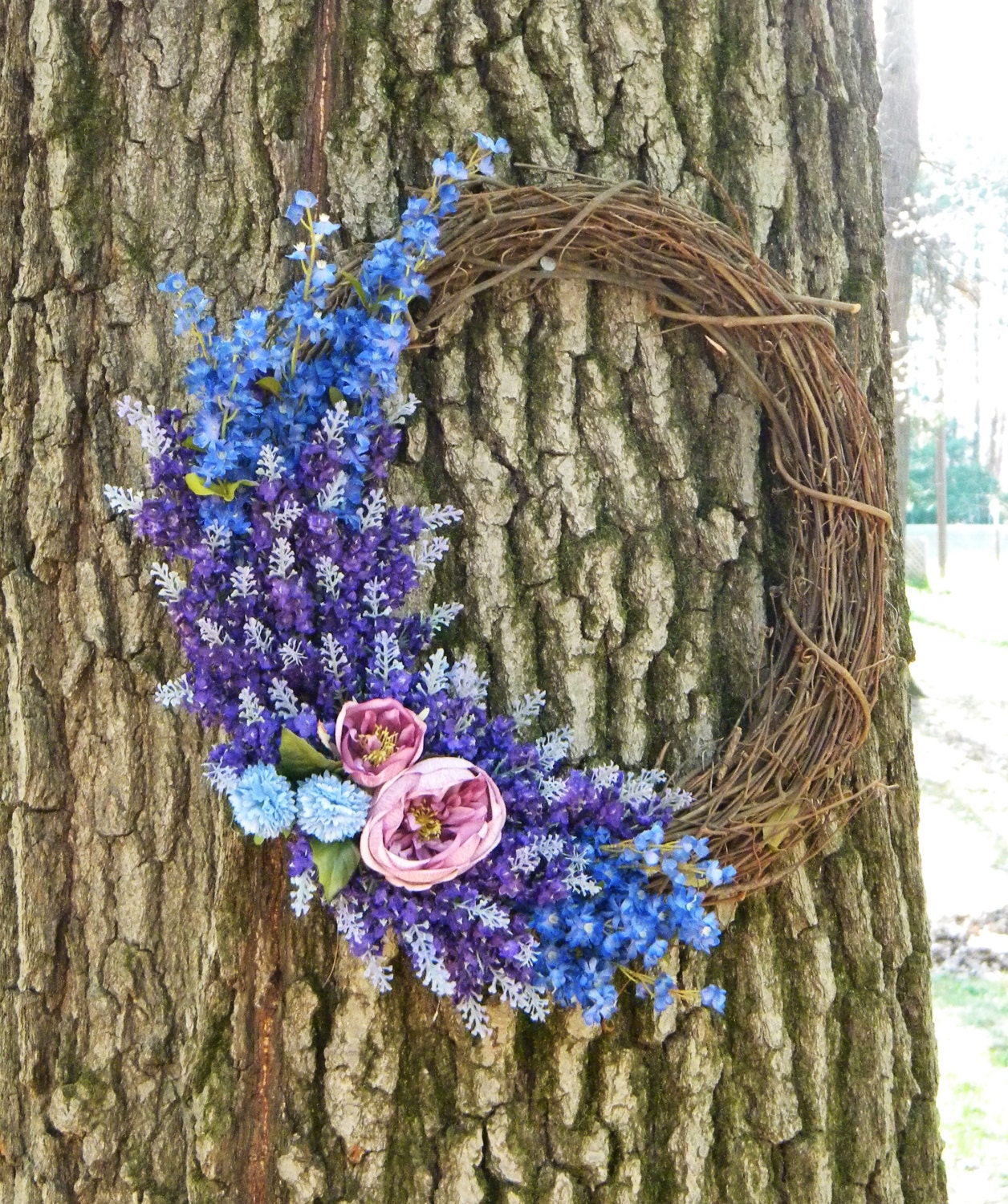 Handmade Wreaths, Home Decor, Summer Wreath, Purple Wreath, Spring Wreath, Grapevine Wreath, Blue Floral Wreath, Front Door Wreath, 18 inch