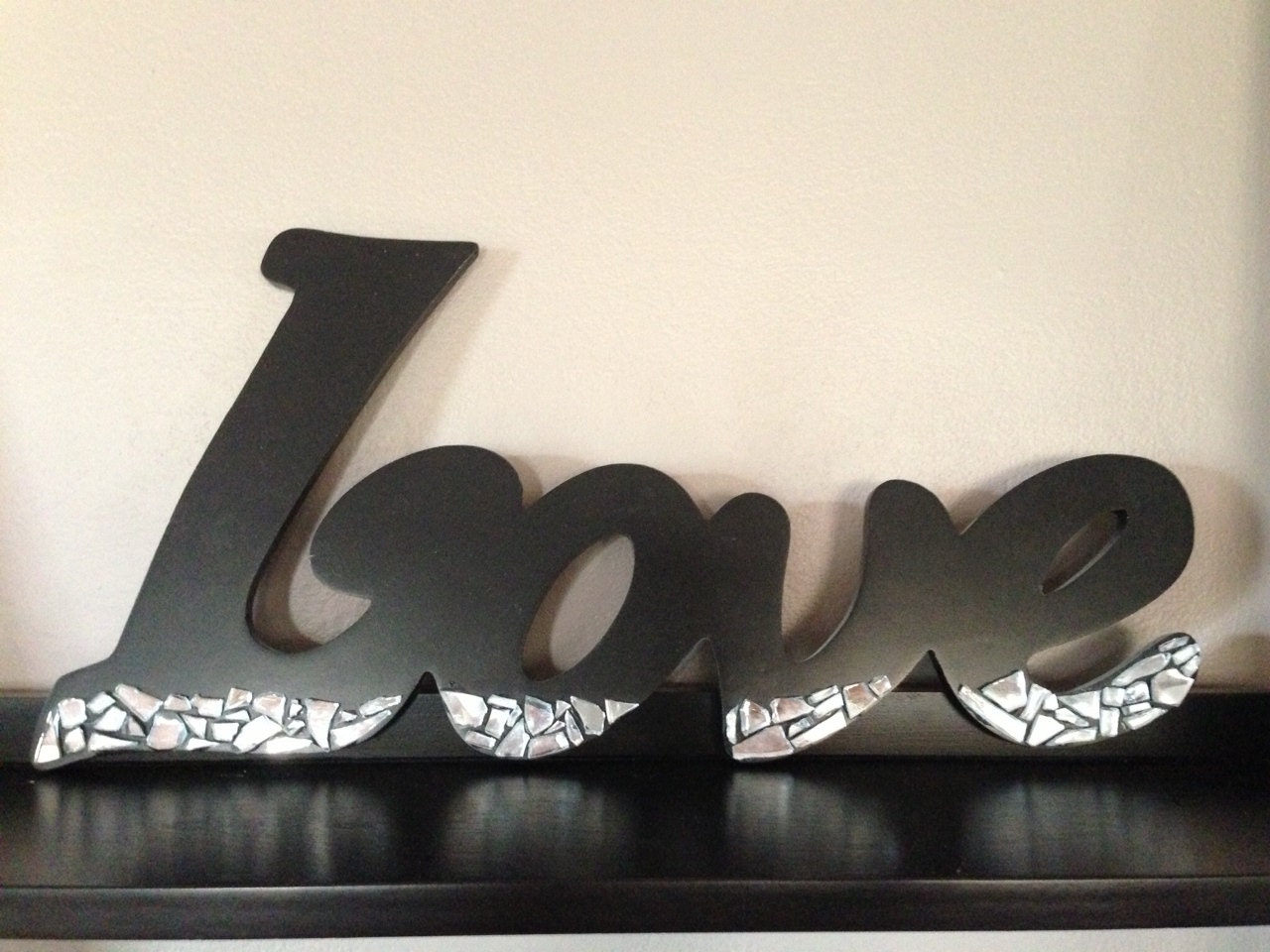 Black Wooden "Love" Decor with Mosaic Mirror Accents