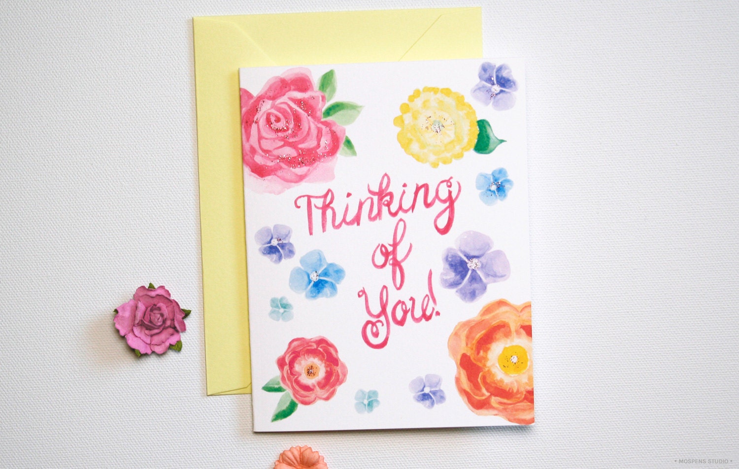 Hand Illustrated Watercolor Thinking of You Greeting Card with Painted Sparkle