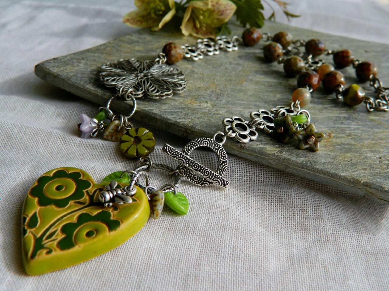 Handmade Ceramic Pendant Necklace, Vintage Inspired, Summer Necklace, Lime Green and Brown Glass & Antique Silver Necklace