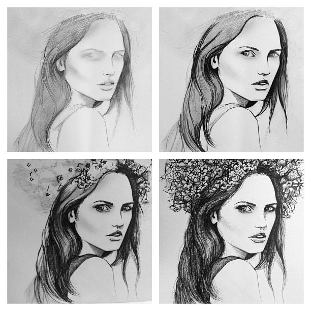 Art Print of my Progress Collage of an Original Drawing of a Girl with Flowers in Pencil and Pen
