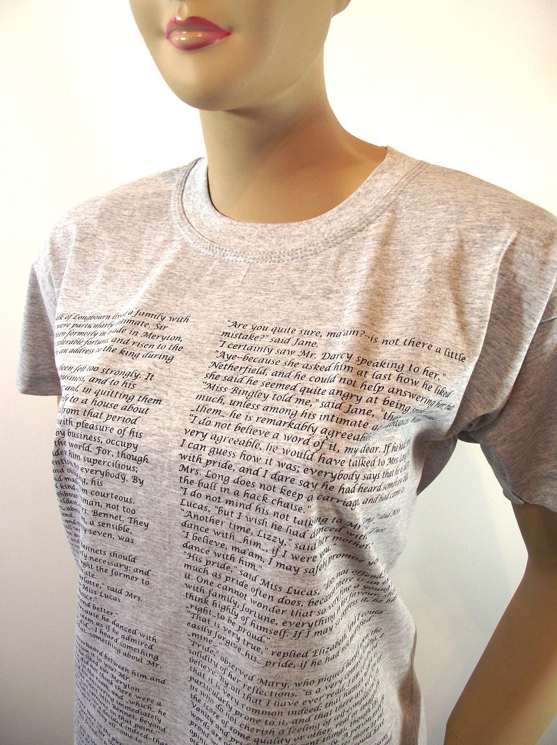 Pride and Prejudice Shirt - Jane Austen - Book Literary Tshirt GRAY  Unisex Hand Printed Text Tshirt Book Clothing