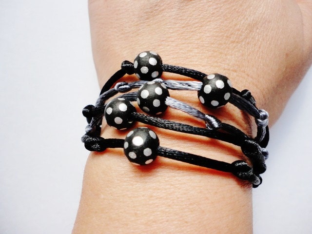 Free Shipping - The Ultimate Summer Bracelet with hand painted wooden black and silver polka dot beads and silk cords - by Bracelet Universe