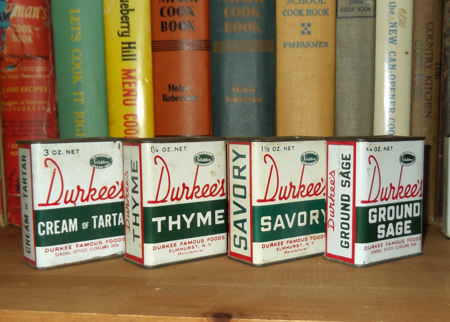 Four vintage Durkee's spice tins - two labeled Cleveland, Ohio - OnceinOhio