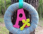 Door Wreath, 14" door hanger in chevron print, custom, monogram, initial, lime green cross, teen decor, womens decor, home decor