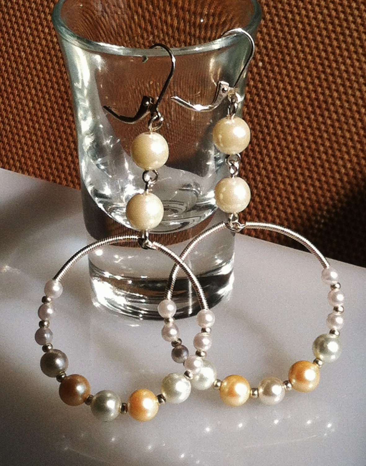 Silver and Pearl Hoop Earrings, Memory Wire Design, Wire Wrap, Silver Wire Coil Design