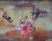 8"x16"  limited edition deer boat print.  reproduction on wood with resin. nautical fantasy floral deer print