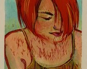 Original Reduction Woodcut Woman Face Carnelian RED 4x4 DelPesco