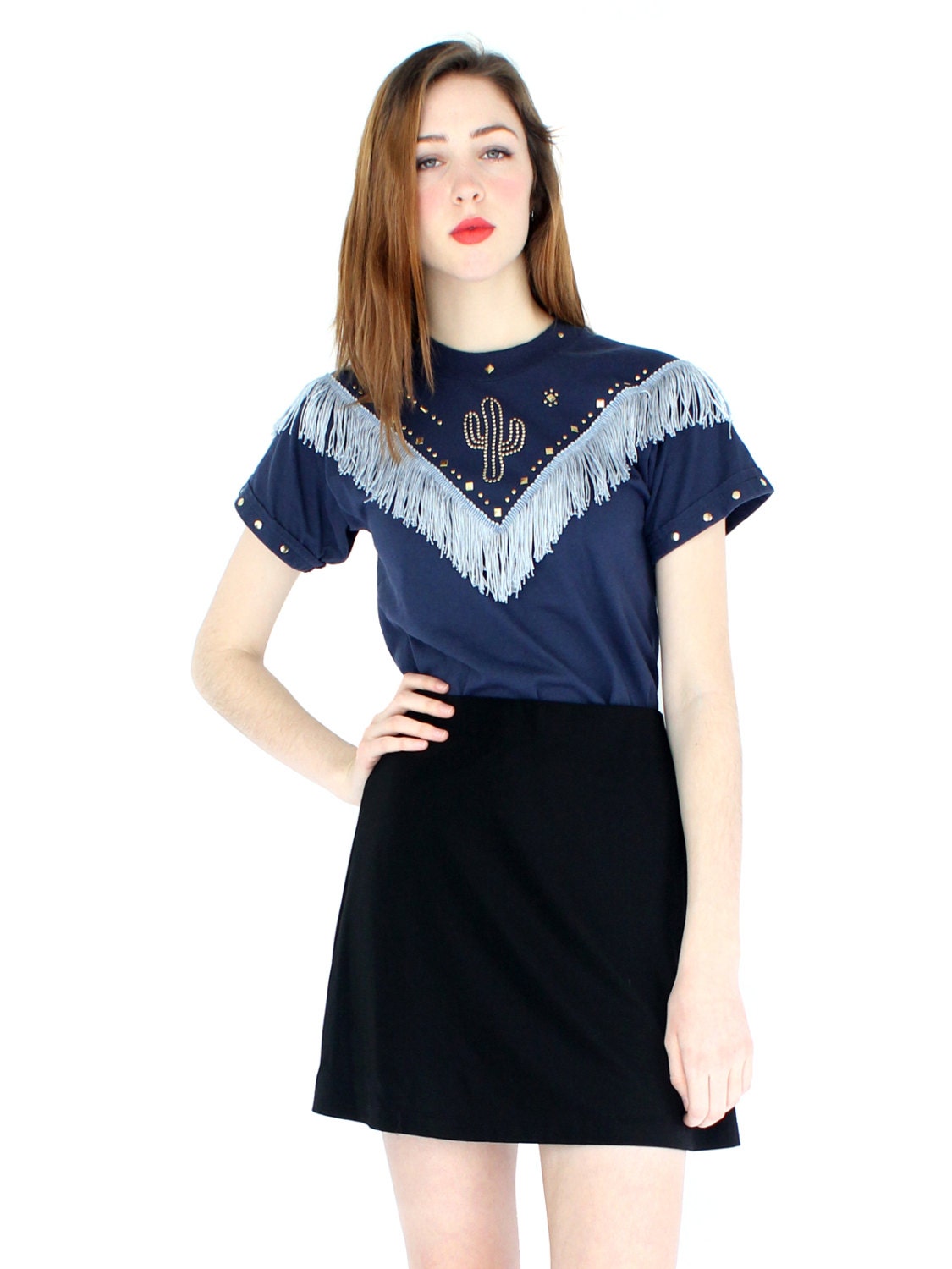 vintage 90s blue studded cactus fringe t-shirt tee / embellished shirt