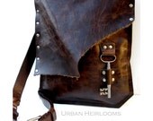 Brown Leather Messenger Bag with Antique Skeleton Key - Large MADE to ORDER - Rocker Biker Steampunk Goth