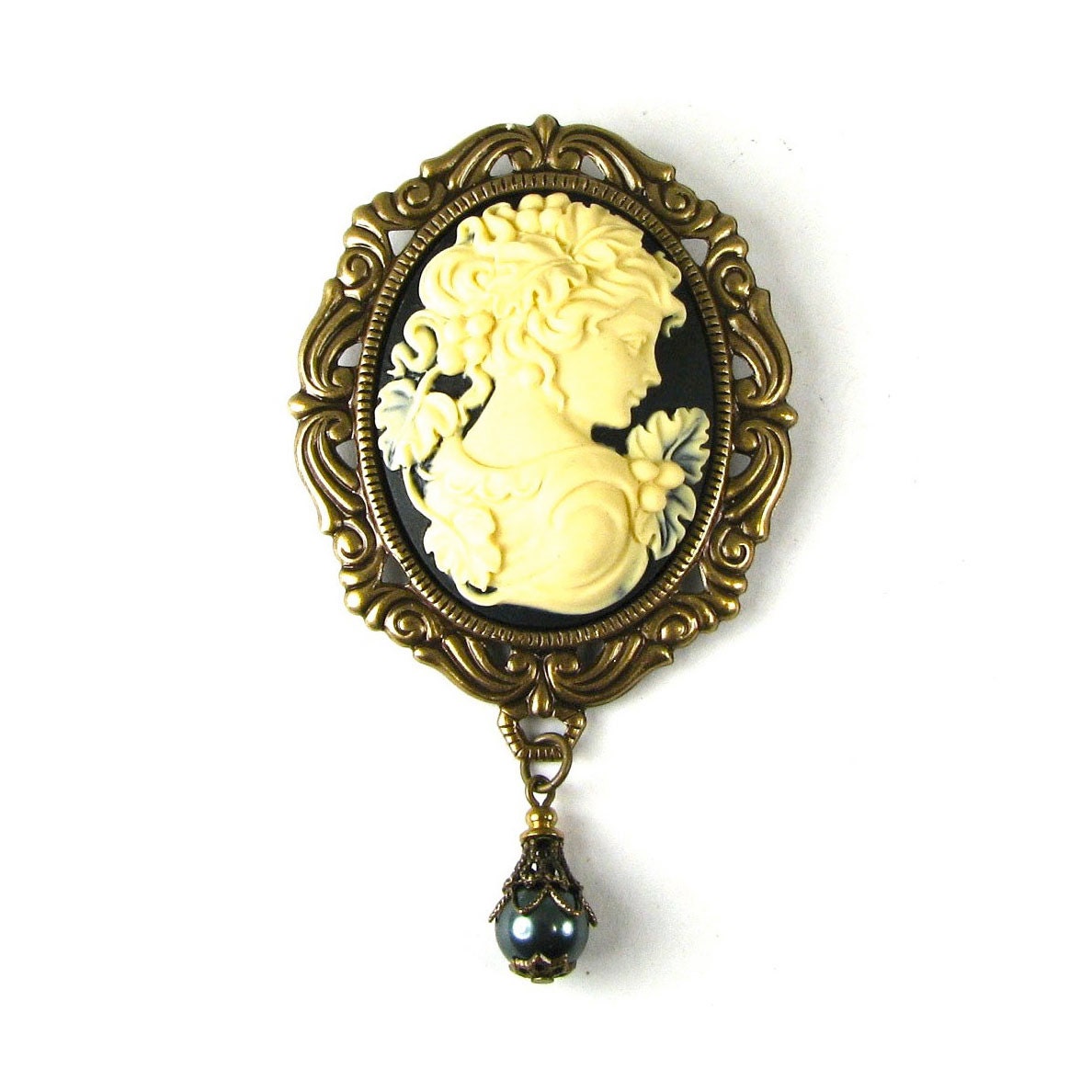 Dionysus's Muse Neo Victorian Cameo Brooch and Pendant in Black White and Brass by Nouveau Motley