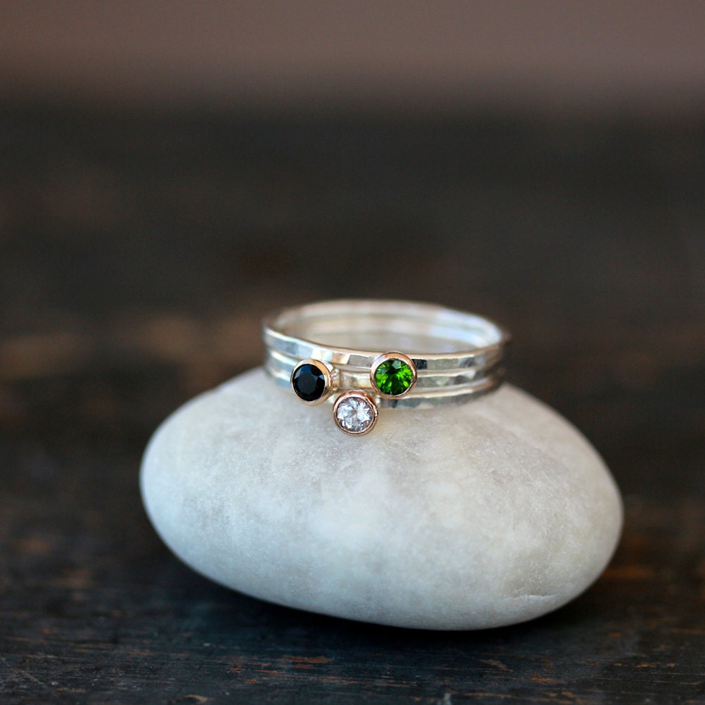 Green Pop Stacking Rings Trio Three Gemstone Solitaire Sterling Silver 14k Yellow Gold Set Bands Mixed Metal Fine Jewelry