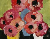 Red Flowers, in multi colored vases, Original Painting, ACEO, Winjimir, Fine Art, Impressionism, Art Card, Still life, Floral-