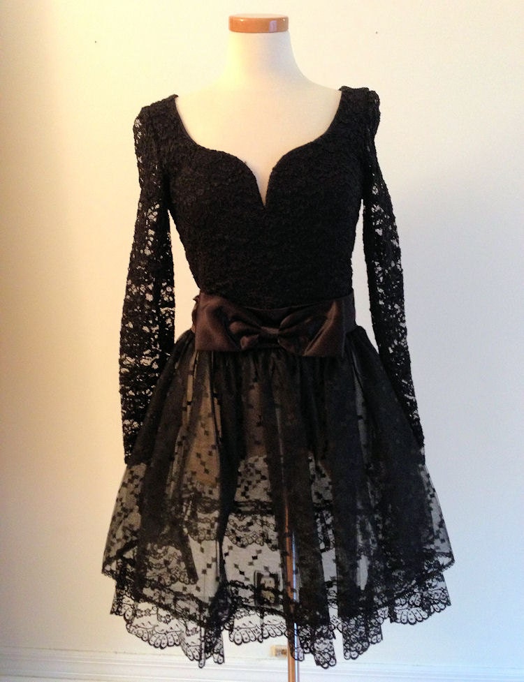 Vintage 80s Black Sheer Lace Jessica McClintock Gunne Sax Ballerina Party Dress