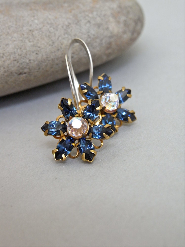 Earrings - vintage Swarovski crystal and brass flower, modern Swarovksi crystal and sterling silver earrings - Starflower