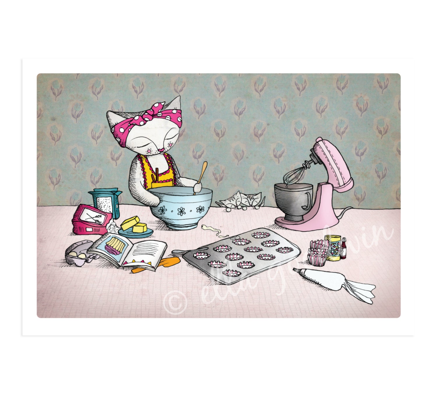 Cat art print - baking cakes - hand drawn illustration - kittens - cooking