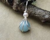 Small Amazonite and Pearl Pendant - Little Stone Necklace Sterling Silver Wire Wrapped Beads  - Fresh Water Pearl Stone Jewelry
