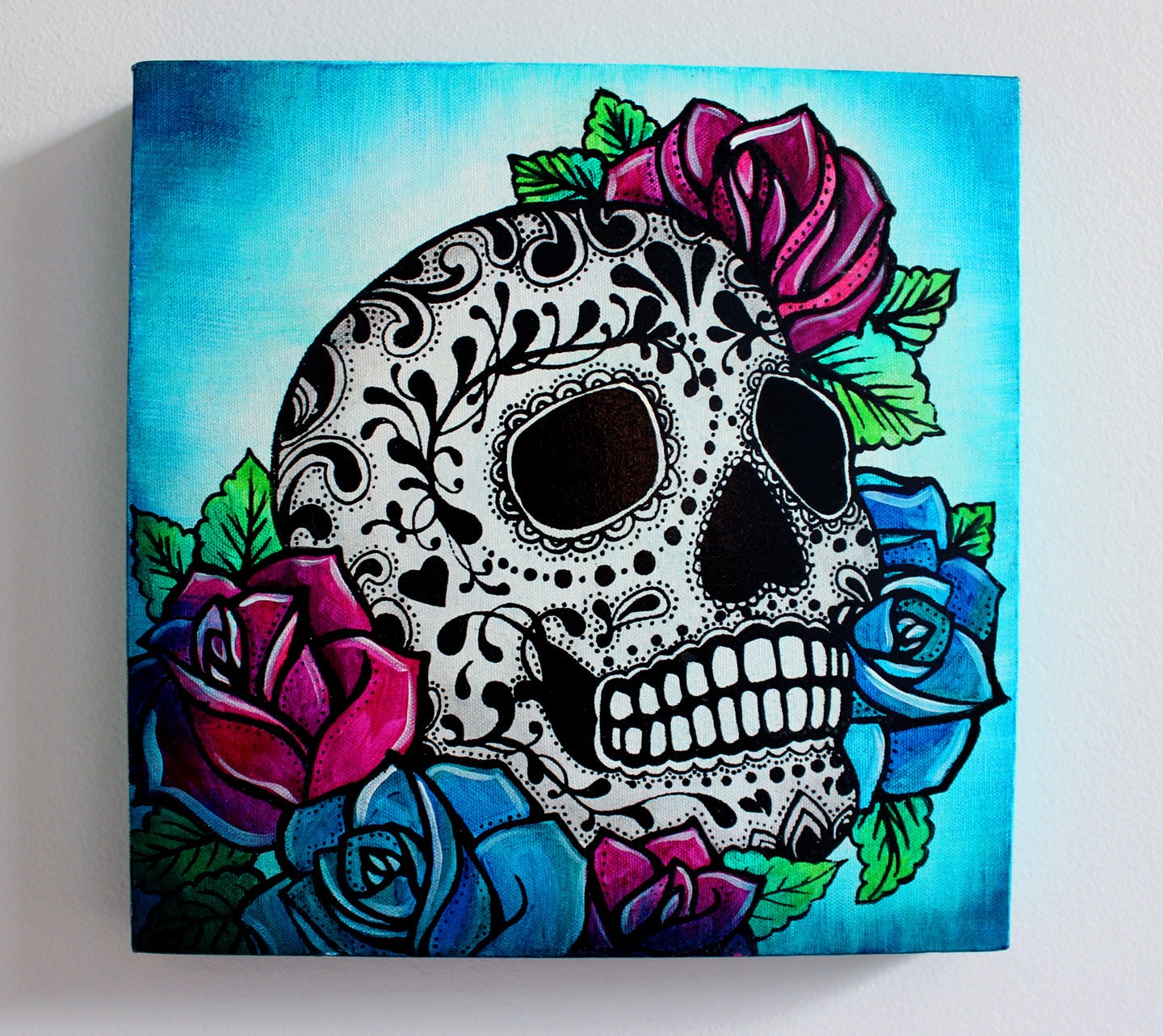Sugar Skull Screen Print and Painting on Canvas- 12 x 12 x 1 inch