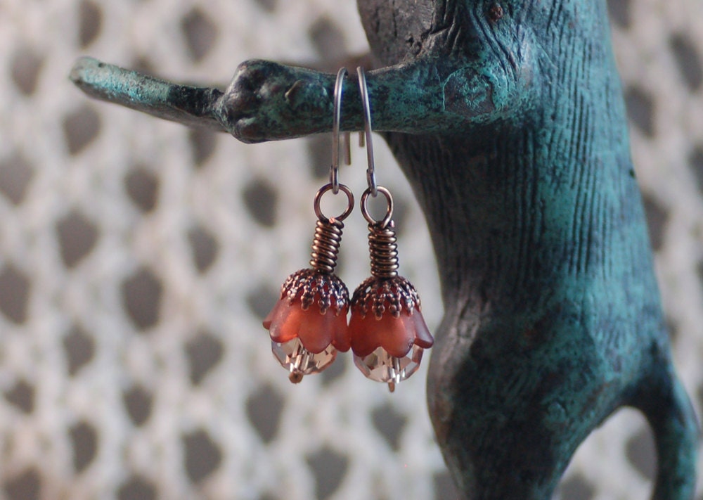 Delicate Earthy Tone Lucite, Crystal and Filigree Cap Flower Earrings