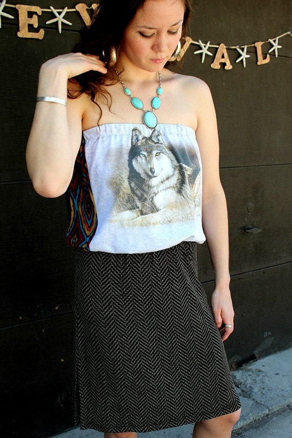 REVIVAL Upcycled TShirt Tube Top Dress, Aztec Chevron Wolf, Medium to Large, Repurposed, Recycled Clothing