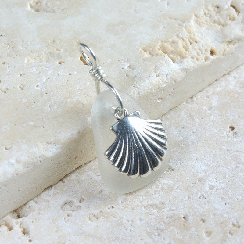 Seashell Pendant - White Sea Glass & Sterling Silver Charm