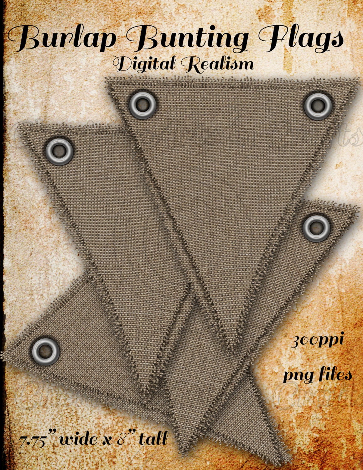 Instant Download, Digital Download, Realism, Burlap Bunting Flags, Set of 4 Burlap Flags, PNG Files, for Graphic Designers
