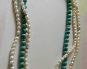 SALE Turquoise and FW Pearl with Sterling 3 Strand Necklace PLUS Earrings