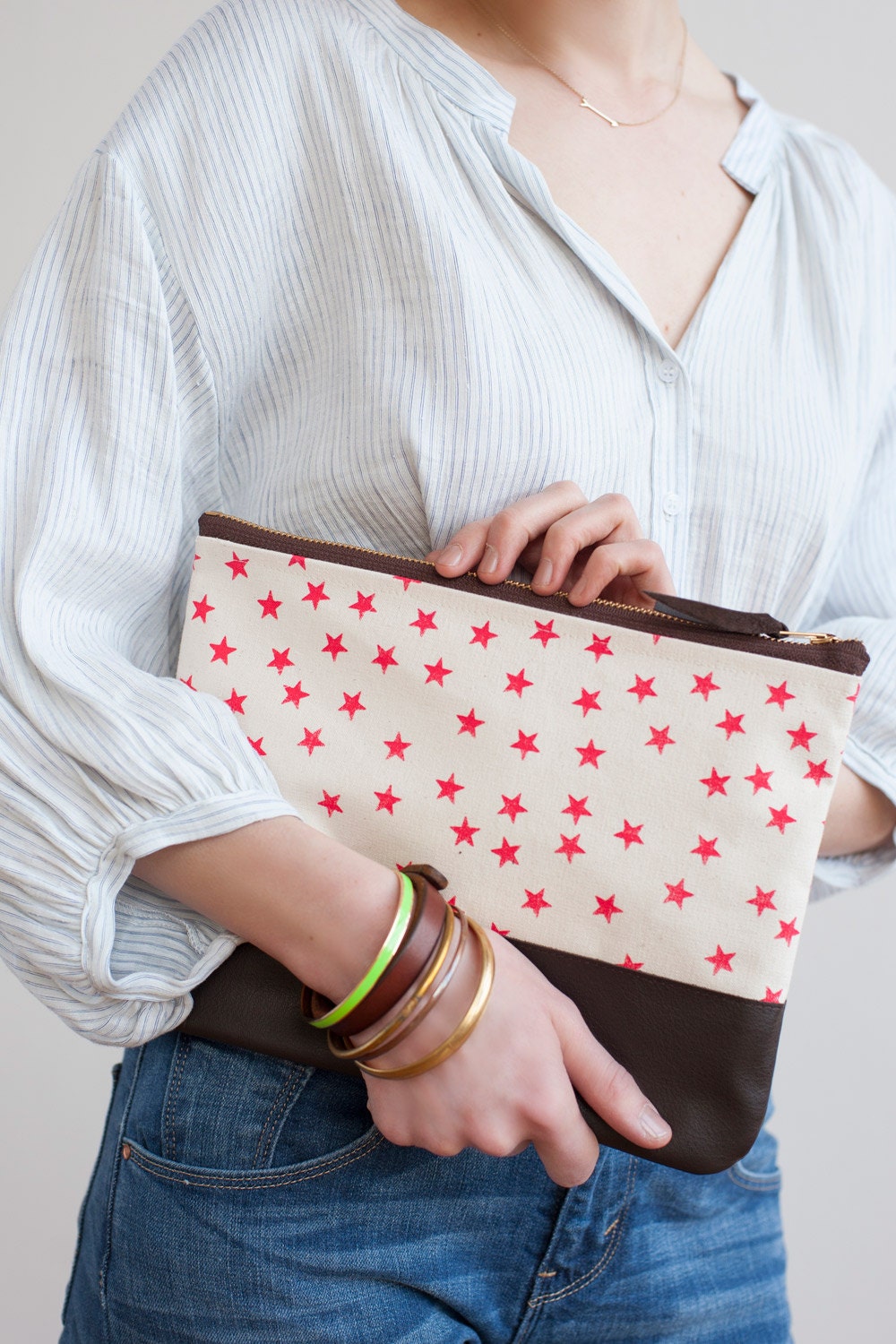 Watermelon Stars Clutch, Hand Printed Canvas, Leather Details